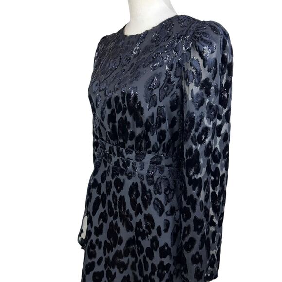 Express NWT S Black Leopard Print Ruffle Long Puff Sleeve Sparkle Mini Dress - Picture 6 of 12